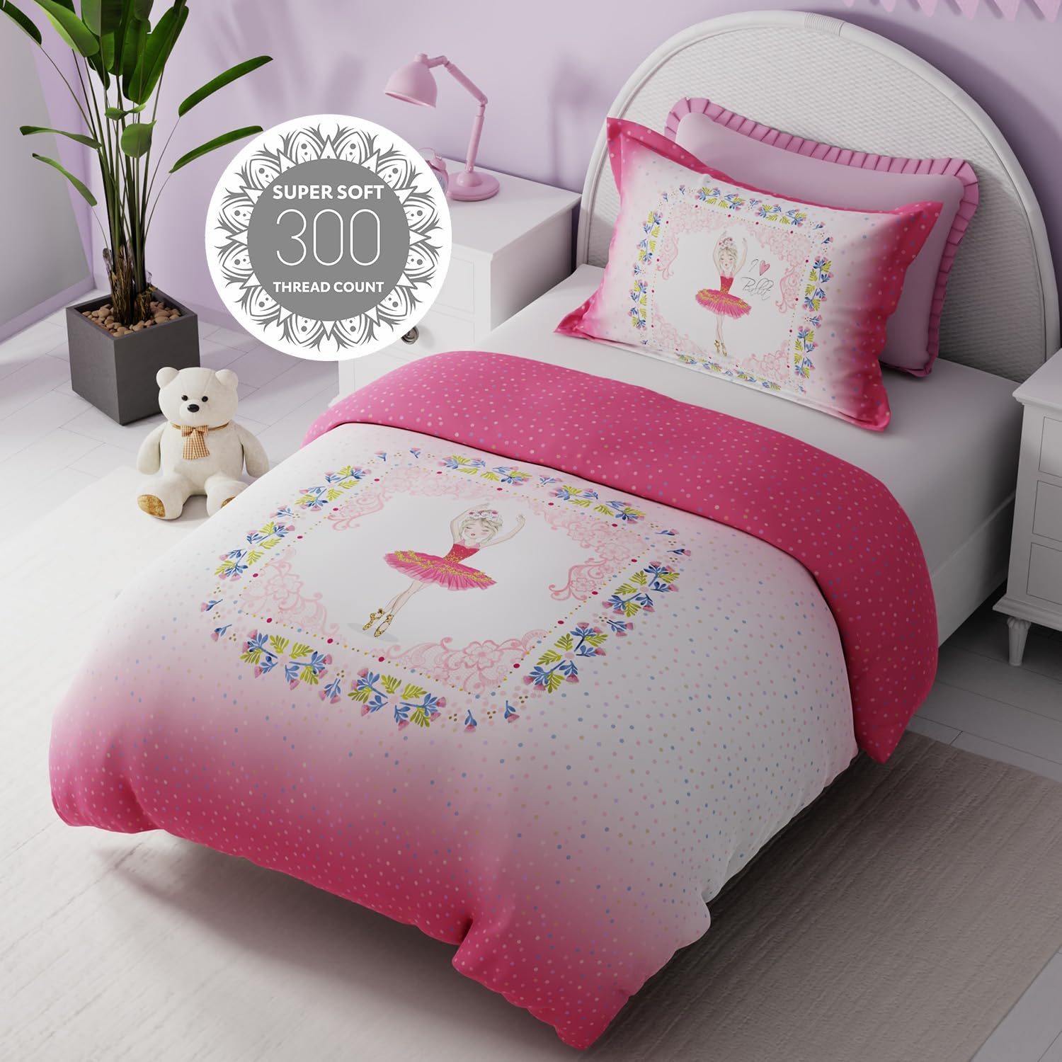 Kids Bedsheet Single Bed With 1 Pillow Covers Little Doll Design - 59x87 Inches, Pink | Fun & Colorful Bed Sheet Set - For Girls & Kids Room