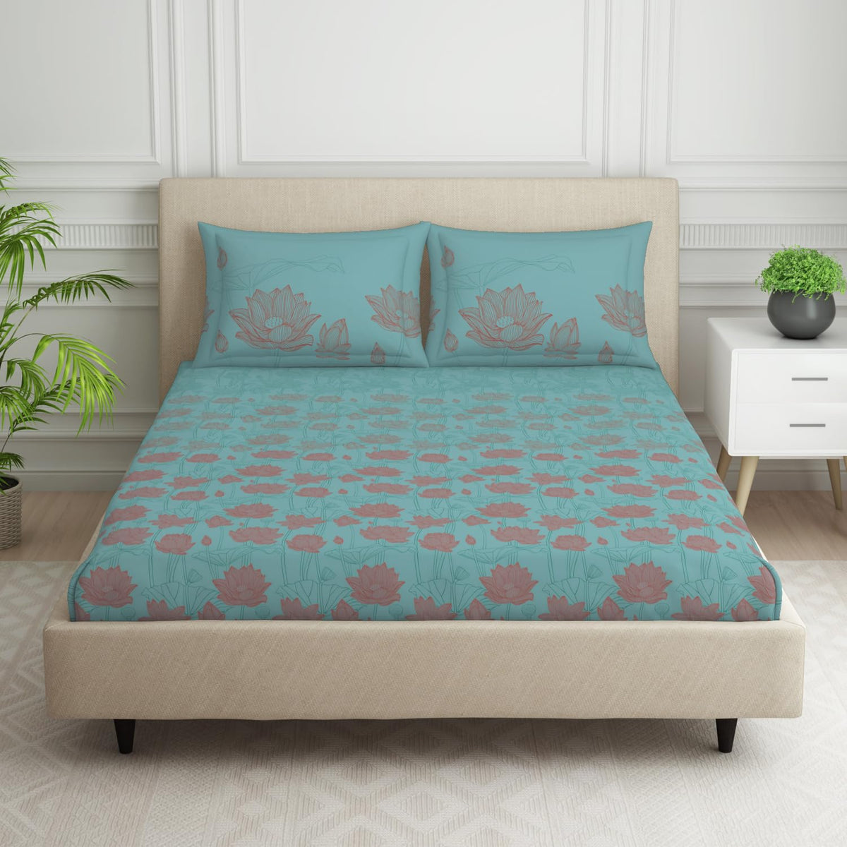 Double Bedsheet With 2 Pillow Covers (Size 88 X 100 Inch) Light Blue | Breathable Pure Cotton Queen Size Bedsheet | Floral Design Bedsheet