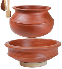 Deep Burned Uncoated Clay Handi + Pot Combo For Cooking & Serving With 2 Wooden Spatulas Complimentary Pack Of 2 - Red, 3+3 Liters | Pre-Seasoned Mud Pot - Unglazed, Double Fired, Hand Crafted