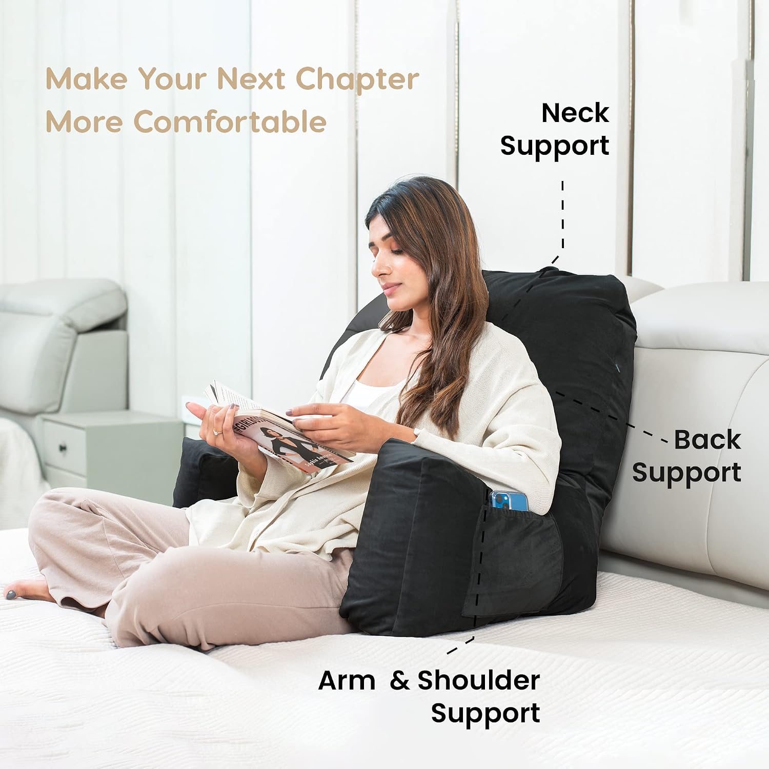 Backrest Pillow For Bed, Reading Pillow With Support Arms, Black, King Size | Comfortable Back Support For Reading, Working, Watching TV In Bed, Premium Velvet Zipper Cover, Washable