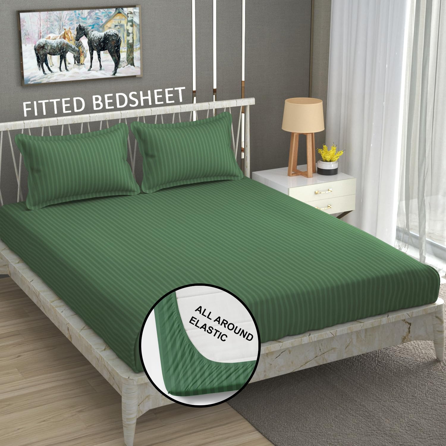 Cotton Elastic Fitted King Size Double Bed Bedsheet With 2 Pillow Covers - 72x78x6 Inches, Dark Green | Durable Bedsheets For Everyday Comfort