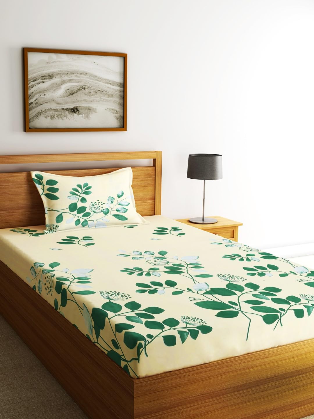 144 TC Microfiber Single Bedsheet With 1 Pillow Cover - 55 X 86 Inches, Cream & Green | Soft To Touch & Comfortable | Natural Resistance To Shrinkage & Wrinkles