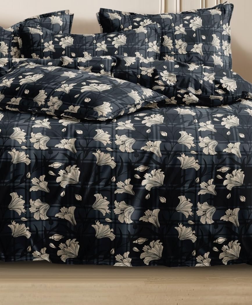 Printed Queen Size Double Bed Bedsheet With 2 Pillow Cover | 60 X 78 Inches, Black - Breathable, Stain & Wrinkle Resistant | All Around Elastic Fitted Bedsheet