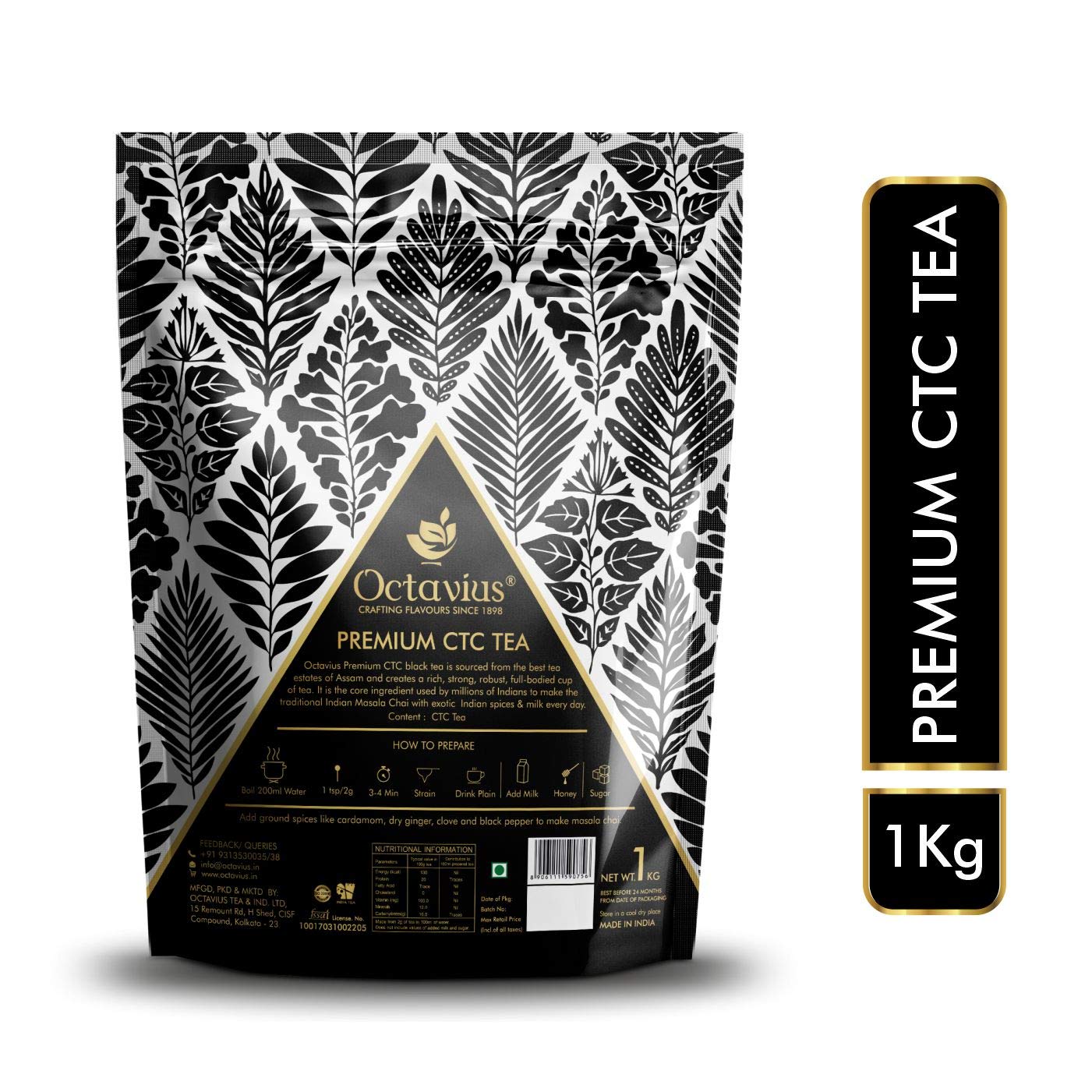 Octavius Premium CTC Assam Tea - Pack Of 5 X 1 Kg, 35.2 Ounce Each | Garden Fresh Extra Strong Assam Tea - Kadak Chai Patti | Medium Caffeine Strong Chai Patti