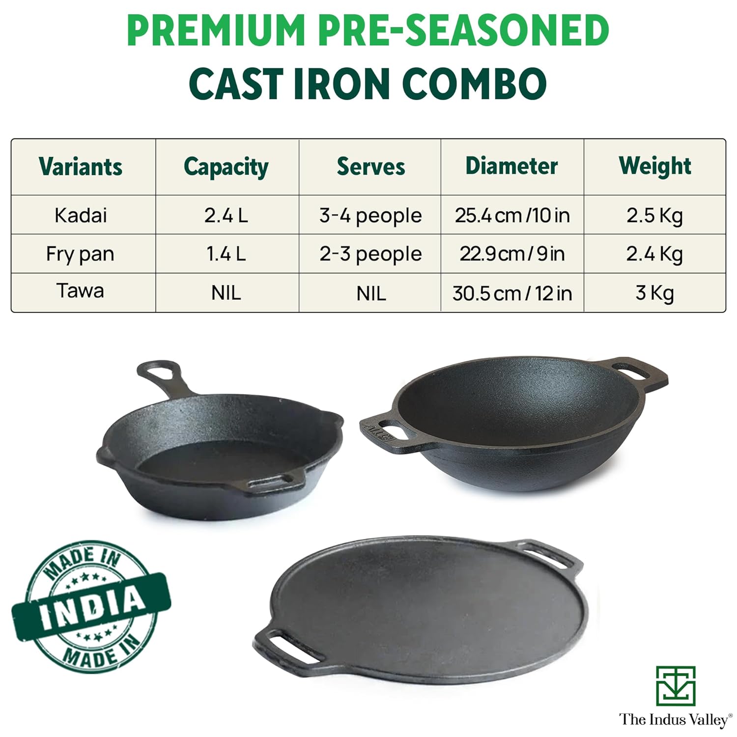 Pre-Seasoned Black Cast Iron Cookware Set+ Free Tadka Pan - Tawa 30.5cm + Kadai 25.4cm, 2.3 Liters + Fry Pan 23 Cm, 1.4 Liters | Kitchen Cooking Combo Pots & Pans Set Of 4 Pcs - Naturally Nonstick