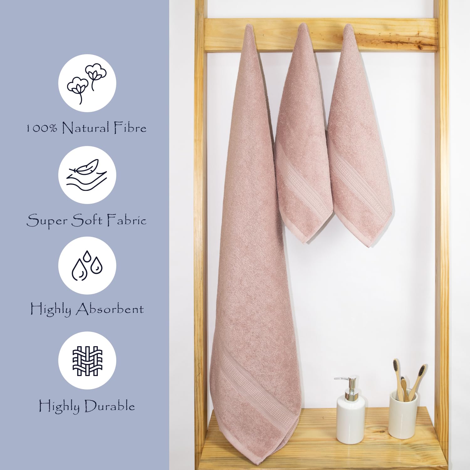 Rangoli 100% Cotton Fibre 1 Bath & 2 Hand Towel 900 Gsm | Highly Durable & Super Absorbent Towel | Skin-Friendly & Quick Drying Luxury Towels (Peach) - Pack Of 3