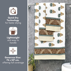 Mafatlal Madhuban Premium Cotton 1 Bath & 2 Hand Towel 700 Gsm | Hand Printed, Indian Floral Craft Towel (Myristica) - 3 Pcs