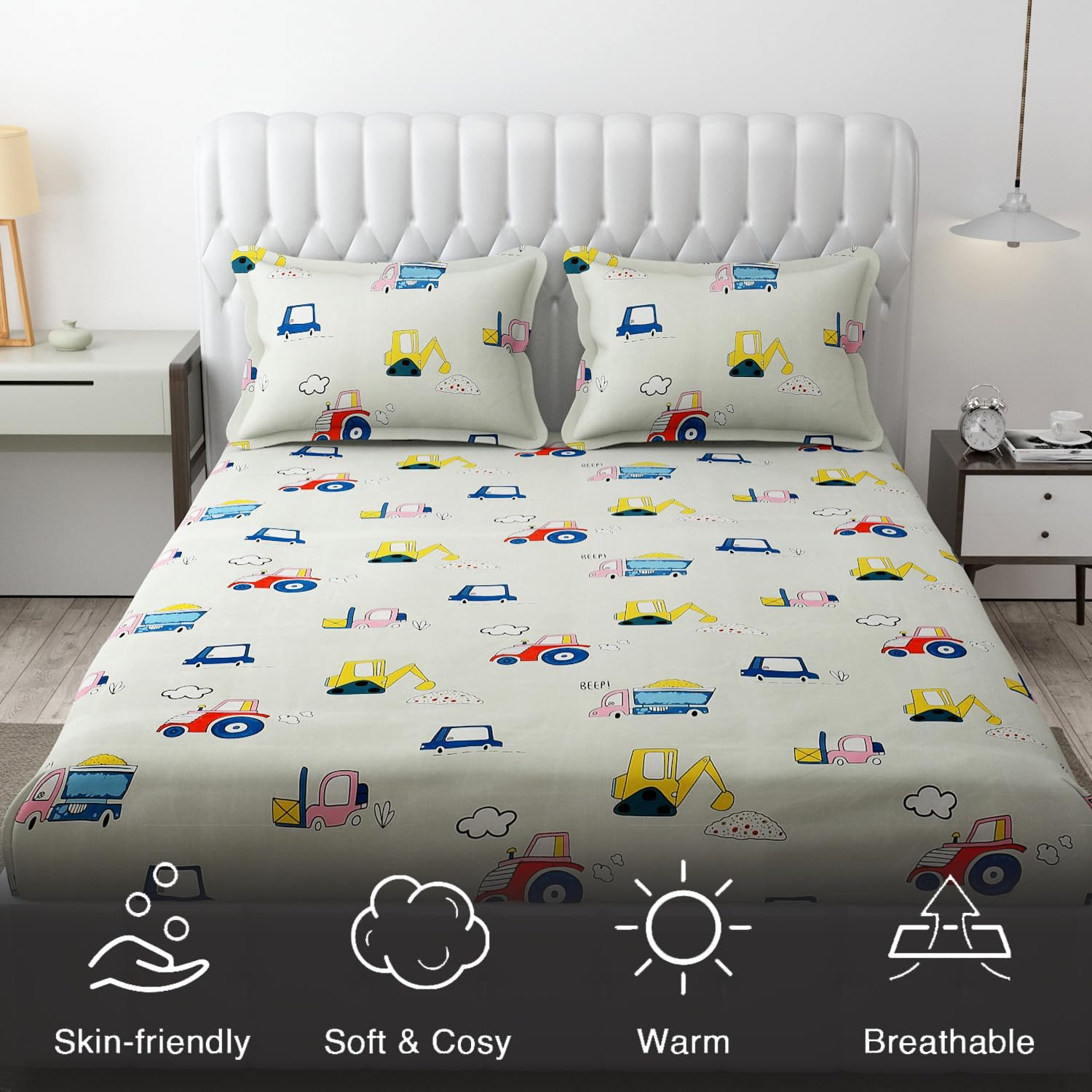 Wrinkle Free Soft Kids Double Bedsheets For King Size With 2 Pillow Cover | 90 X 95 Inches, Cream | Cartoon Printed Design | Child Bedroom Decor