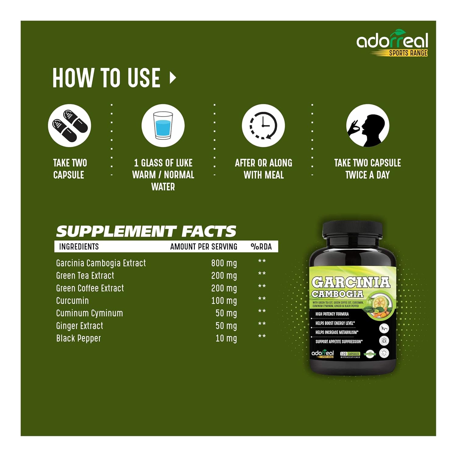 Adorreal Garcinia Cambogia, Green Tea, Green Coffee, Curcumin, Ginger & Black Pepper Extract Weight Loss Supplement, Improves Digestion | 120 Capsules 150gm 0.3lbs