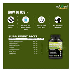 Adorreal Garcinia Cambogia, Green Tea, Green Coffee, Curcumin, Ginger & Black Pepper Extract Weight Loss Supplement, Improves Digestion | 120 Capsules 150gm 0.3lbs