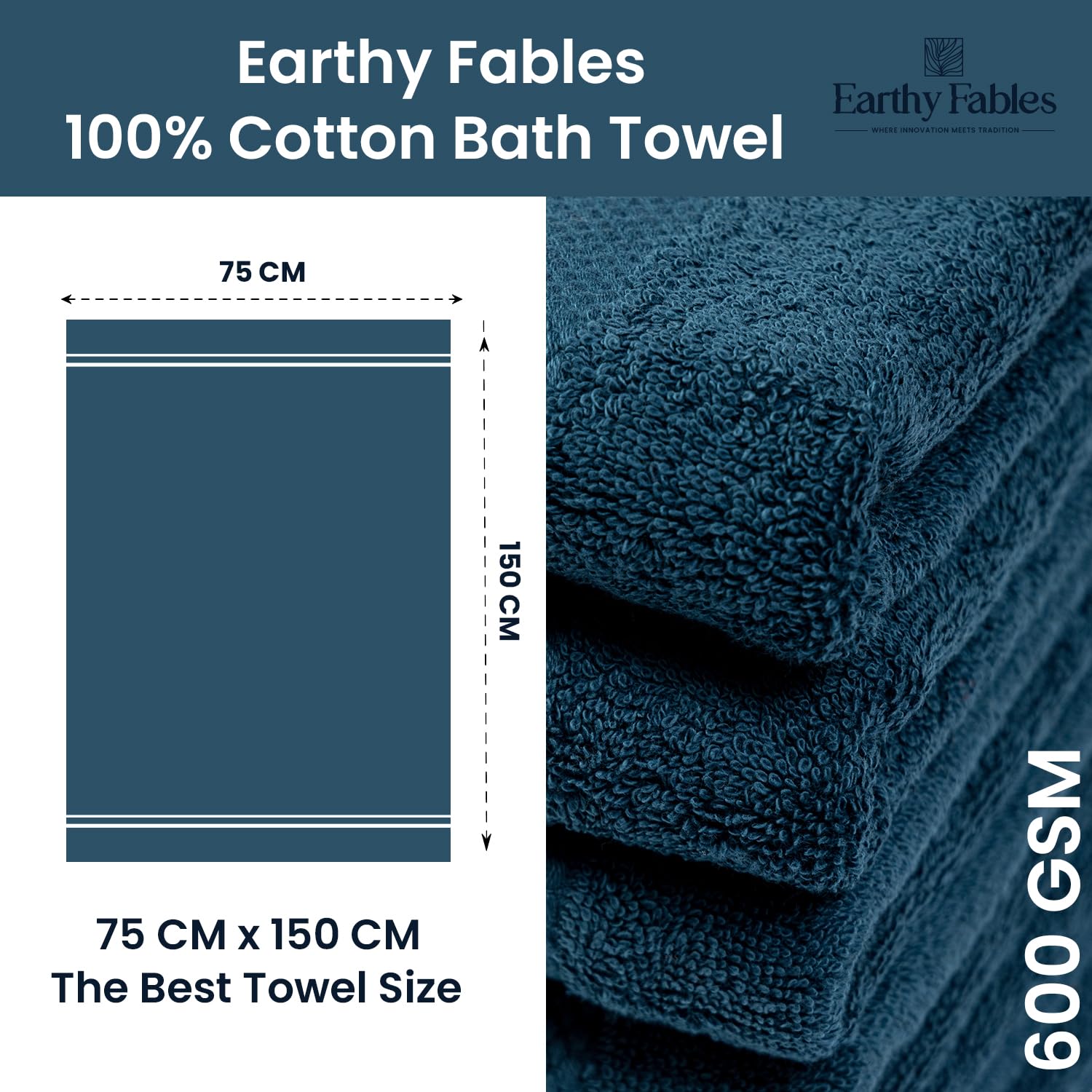 Earthy Fables Premium Bath Towel 600 Gsm | 100% Combed Cotton Ultra Soft, Quick Dry & Highly Absorbent For Home, Travel And Acne-Prone Skin (Dark Teal) Set Of 2