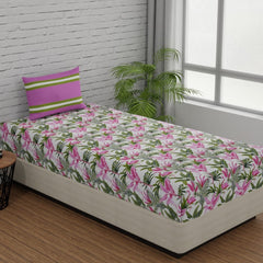 Single Bedsheet Elastic Fitted Cotton With 1 Pillow Cover | 36 X 78 Inches, Pink & Green | Ideal For Home, Guest House, Hotel | Soft & Breathable Fabric