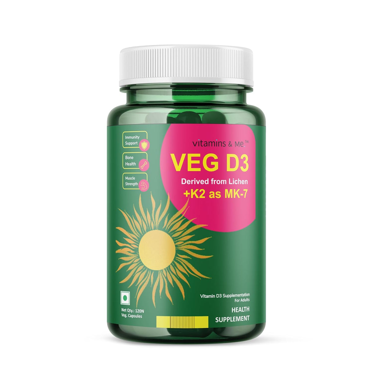 Vitamins & Me Vitamin D3 With K2 As Mk-7 From Lichen, Supports Stronger Immunity & Bone & Heart Health | 120 Vegetable Capsules , 200gm 0.4lbs