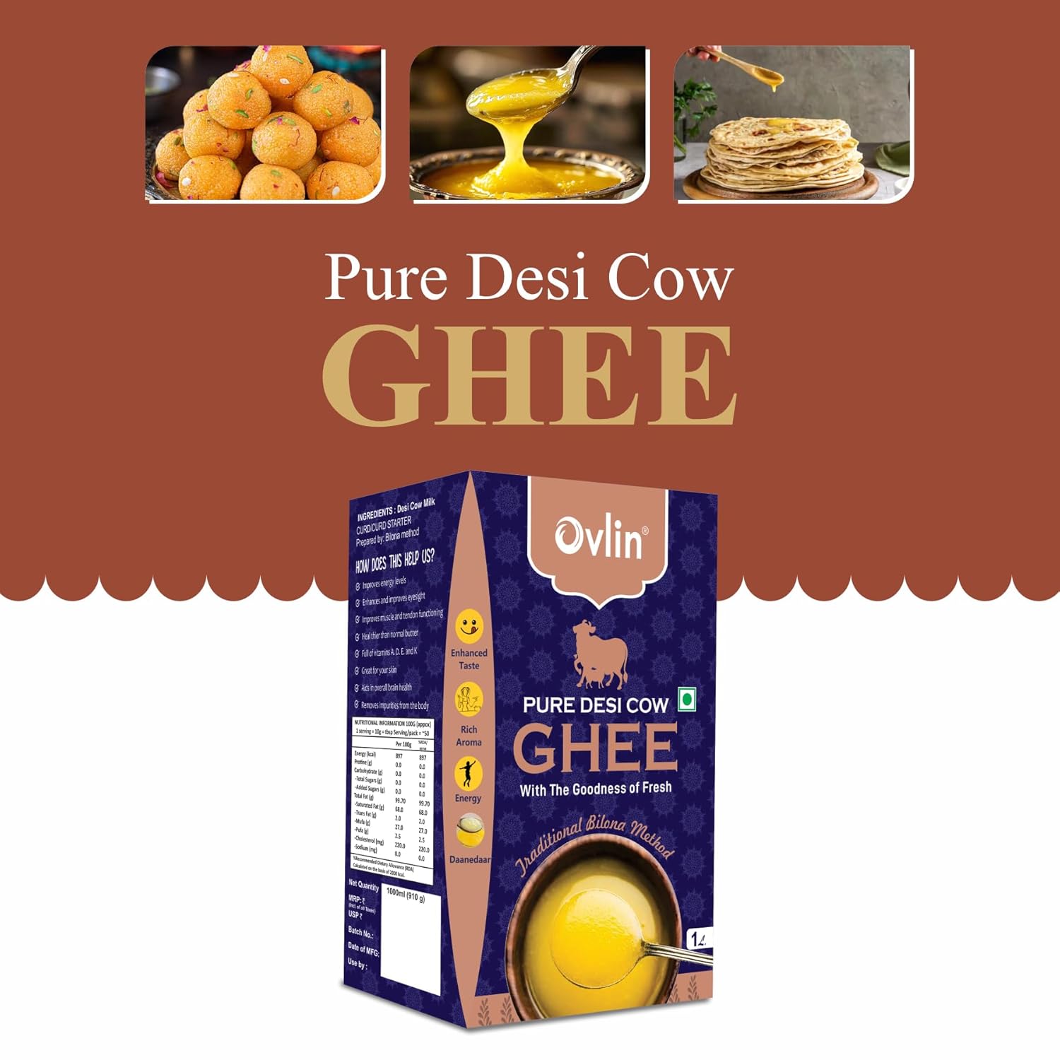 100% Pure Desi Bilona Danedar Cow Ghee By Ovlin | Good Source Of Healthy & Nutritious Desi Cow Ghee Perfect For Sweets & Laddus | 2 Litre (1 Litr * 2) 67.6 Ounce | Box Pack