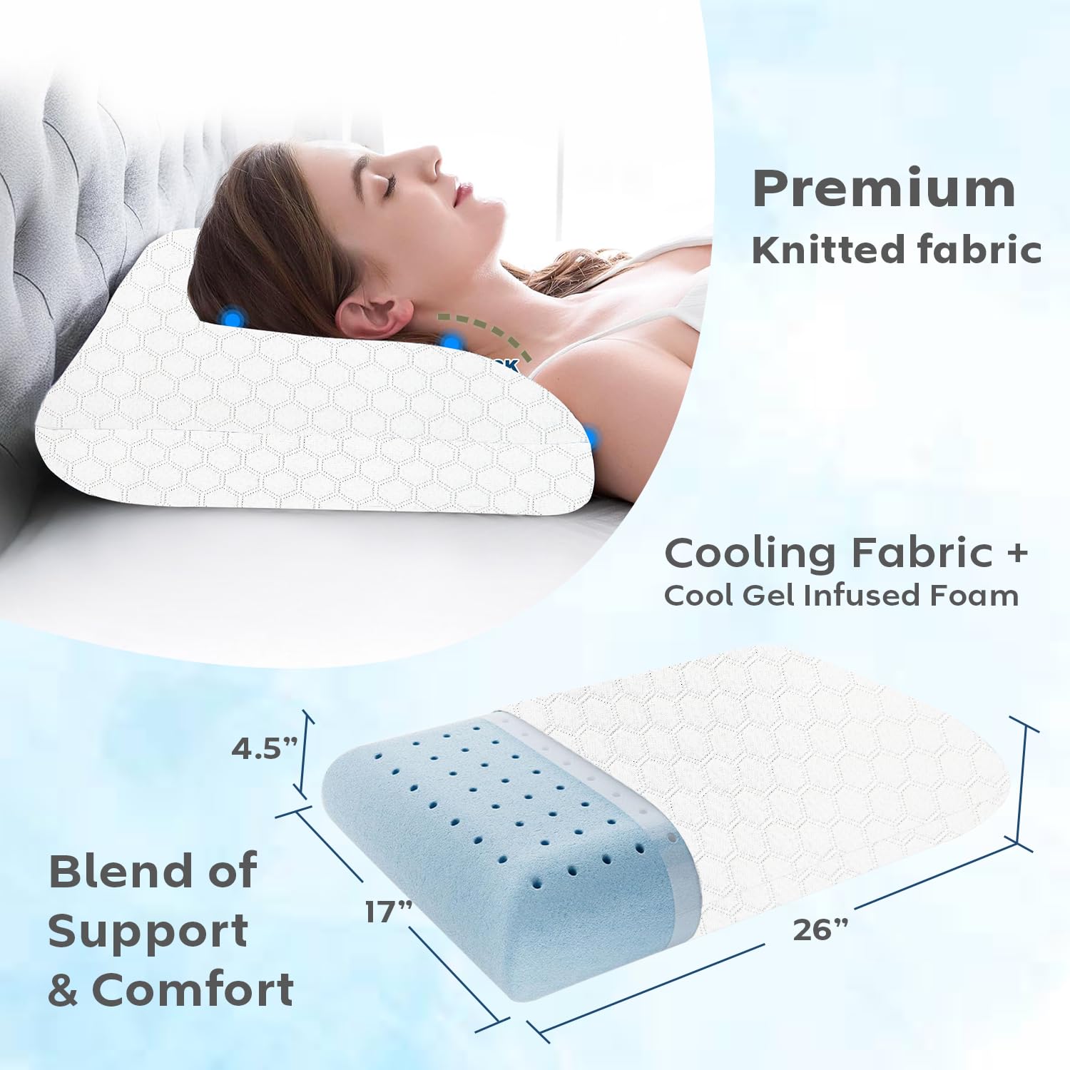 Cooling Memory Foam Pillow For Neck & Shoulder Pain, White, Standard Size | Orthopedic Pillow For Sleeping, Pain Relief & Spinal Alignment | Ergonomic Design, Washable Cover - Pack Of 1