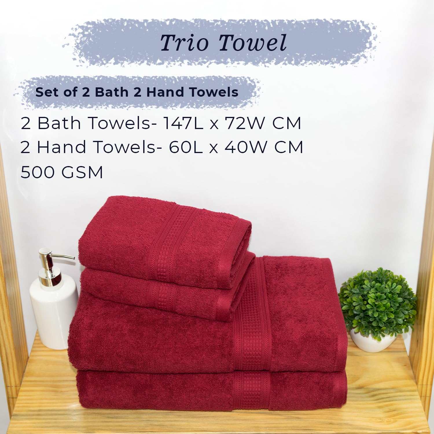 Rangoli 100% Cotton Fibre 2 Bath & 2 Hand Towel 1400 Gsm | Highly Durable & Super Absorbent Towel | Skin-Friendly & Quick Drying Luxury Towels (Maroon) - Pack Of 4