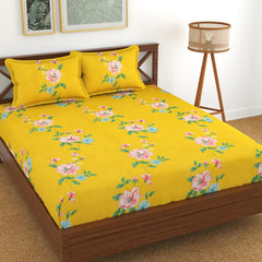 Printed Double Bedsheet With 2 Pillow Cover - 72 X 78 X 6 Inches, Yellow | All Around Elastic Fitted Bedsheet | Super Soft Polycotton With 200 Thread Count