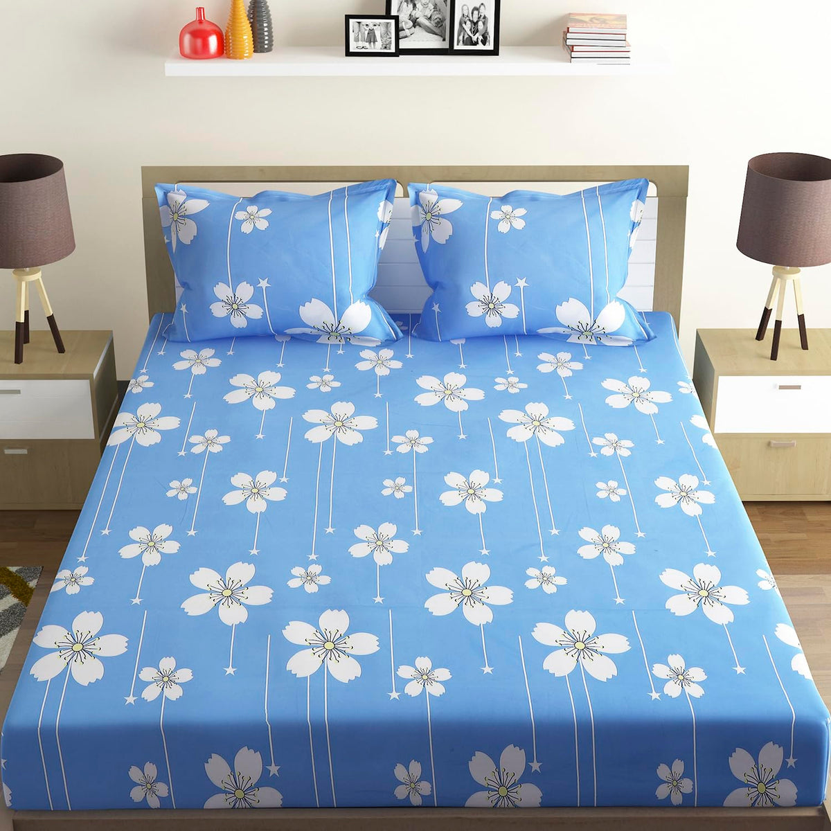 Cotton Rich Double Bedsheet With 2 Pillow Covers - 82 X 84 Inches, Sky Blue & White | Skin Friendly Fabric For Everyday Comfort - Perfect Gifting For Wedding Anniversary