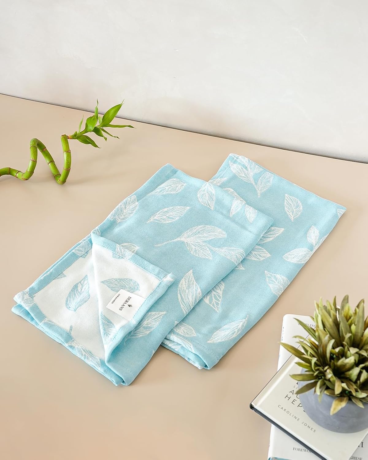 Debaans Bamboo Hand Towels 400 Gsm | Ultra Soft, Quick Dry, Antibacterial | Multiple Colors & Designs (Botanica Sky Blue) - Set Of 2