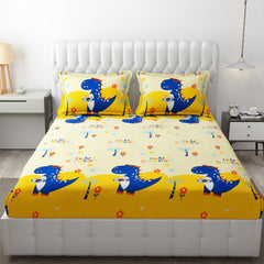 Wrinkle Free Soft Kids Double Bedsheets For King Size With 2 Pillow Cover | 90 X 95 Inches, Cream & Yellow | Cartoon Printed Design | Child Bedroom Decor