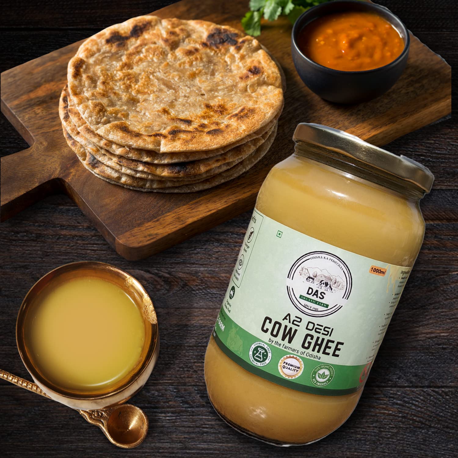 100% Pure A2 Cow Ghee By Das Organic Farm | Rich In Nutrients & Flavor Desi Ghee Supports Muscle Growth | (1 Litr) 33.8 Ounce | Jar Pack