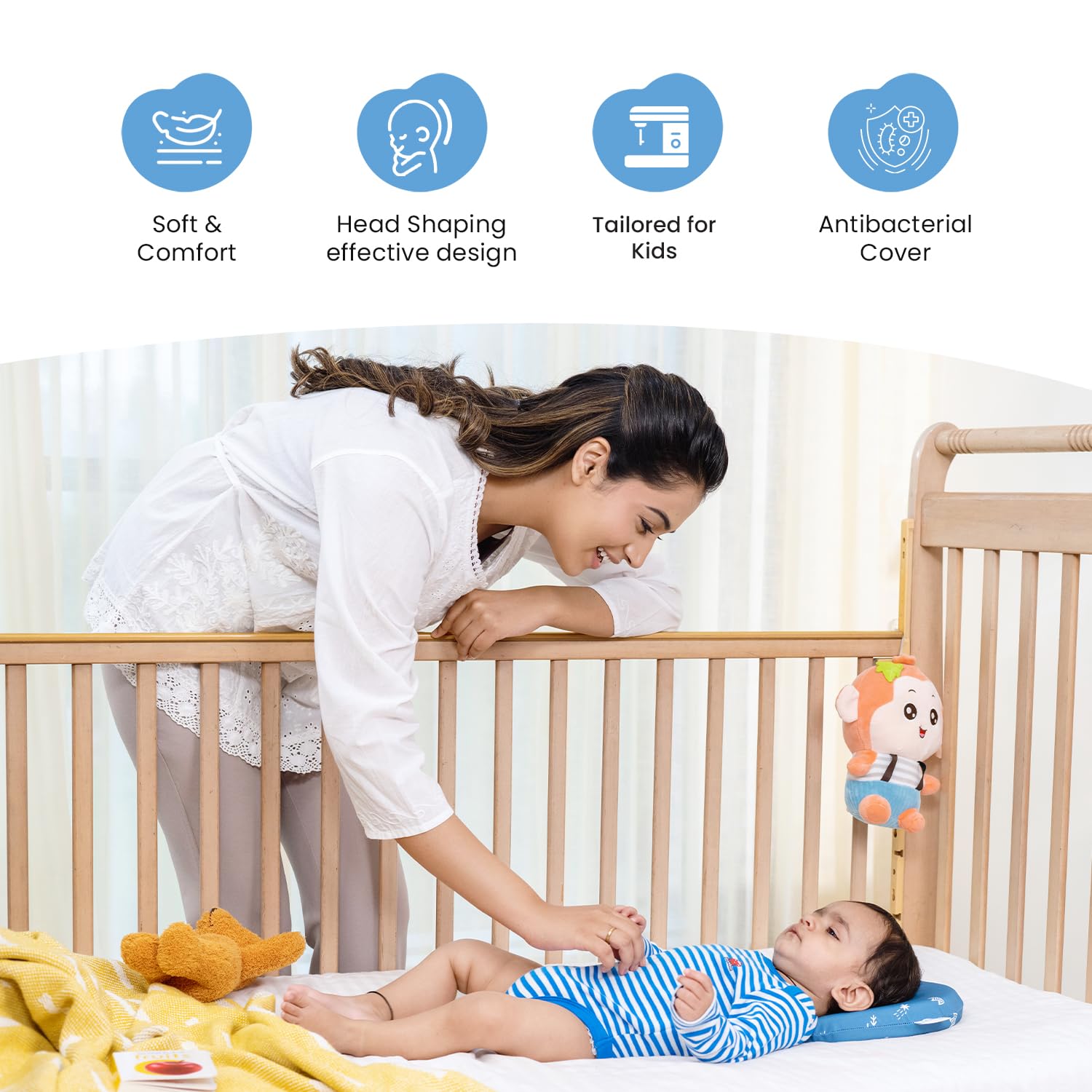 Memory Foam Baby Pillow For New Born, Head Shaping Baby Pillow, Blue Pillow - 23 X 23 X 4 Cm | For 0 To 12 Months For Preventing Flat Head Syndrome, Cherry Shape, Royal Stars - 1 Piece