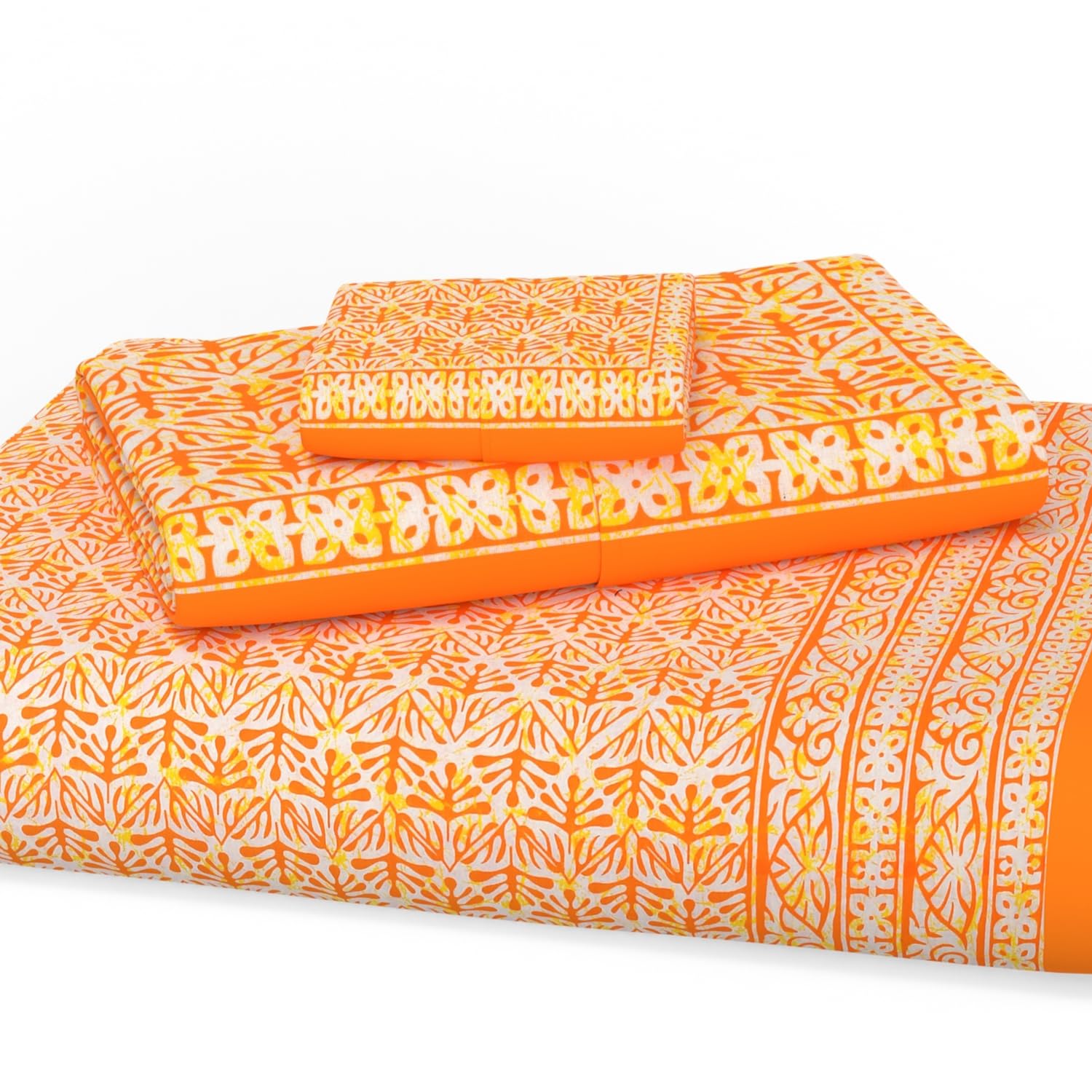 Handloom Printed Double Bedsheet For Queen Size With 2 Matching Pillow Cover | Size 90 X 100 Inches, Orange - Cotton Bedsheets For Double Bed | Soft & Smooth
