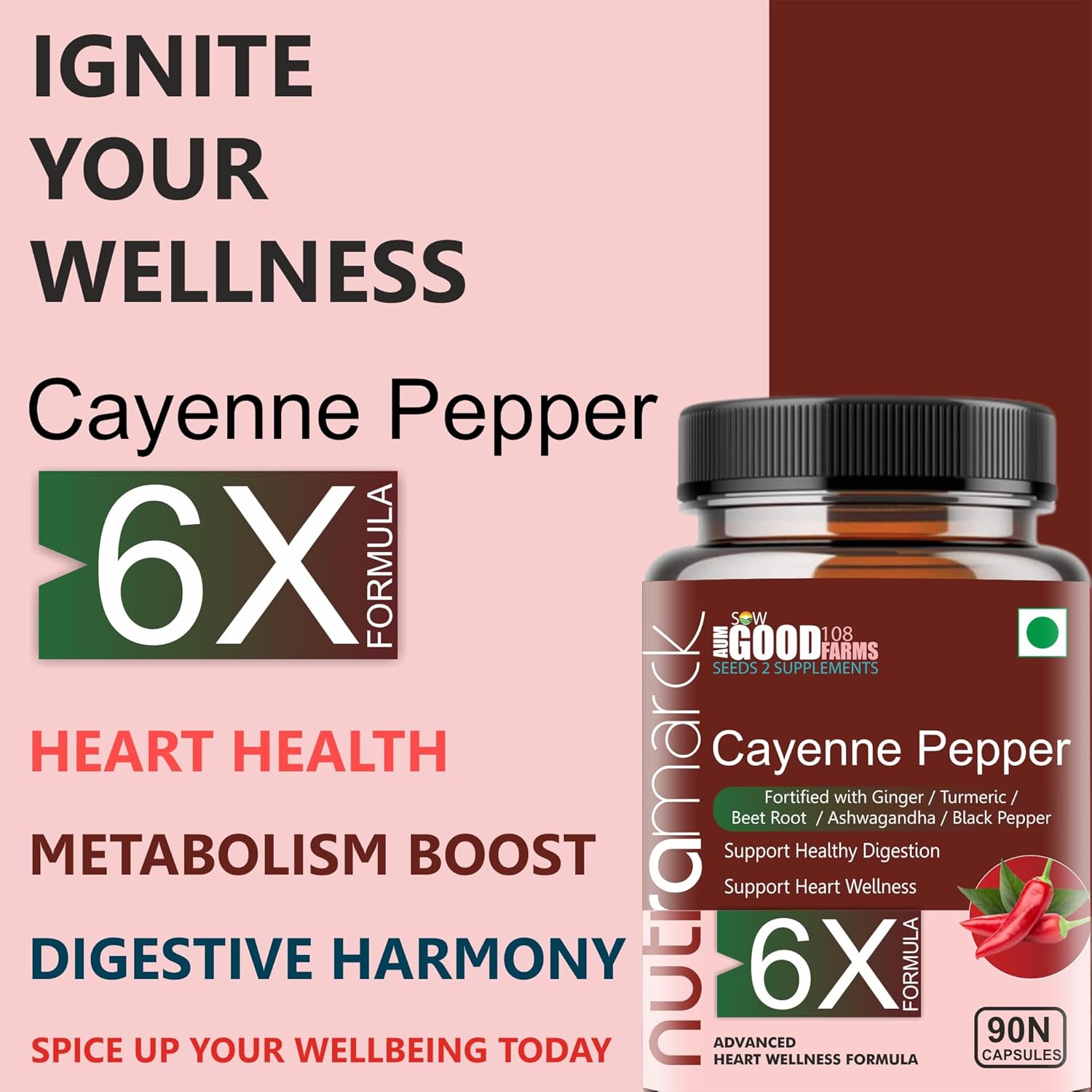 Nutramarck's All - Natural Plant Based 6x Cayenne Pepper Capsules For Healthy Heart | Support Metabolism, Digestion, Circulation, Immunity & Joints | 90 Capsules 150gm 0.3lbs