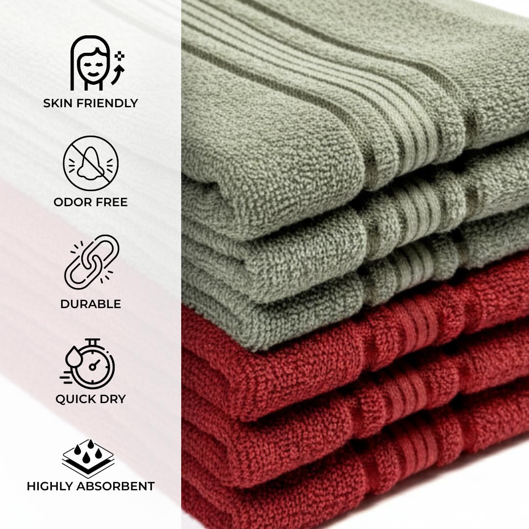Akiko Home 100% Cotton Essential Series Hand Towels 1200 Gsm | Soft, Absorbent & Durable, Cotton Hand Towel For Bathroom Use, Gentle On Skin- Pack Of 6 (Green & Maroon)
