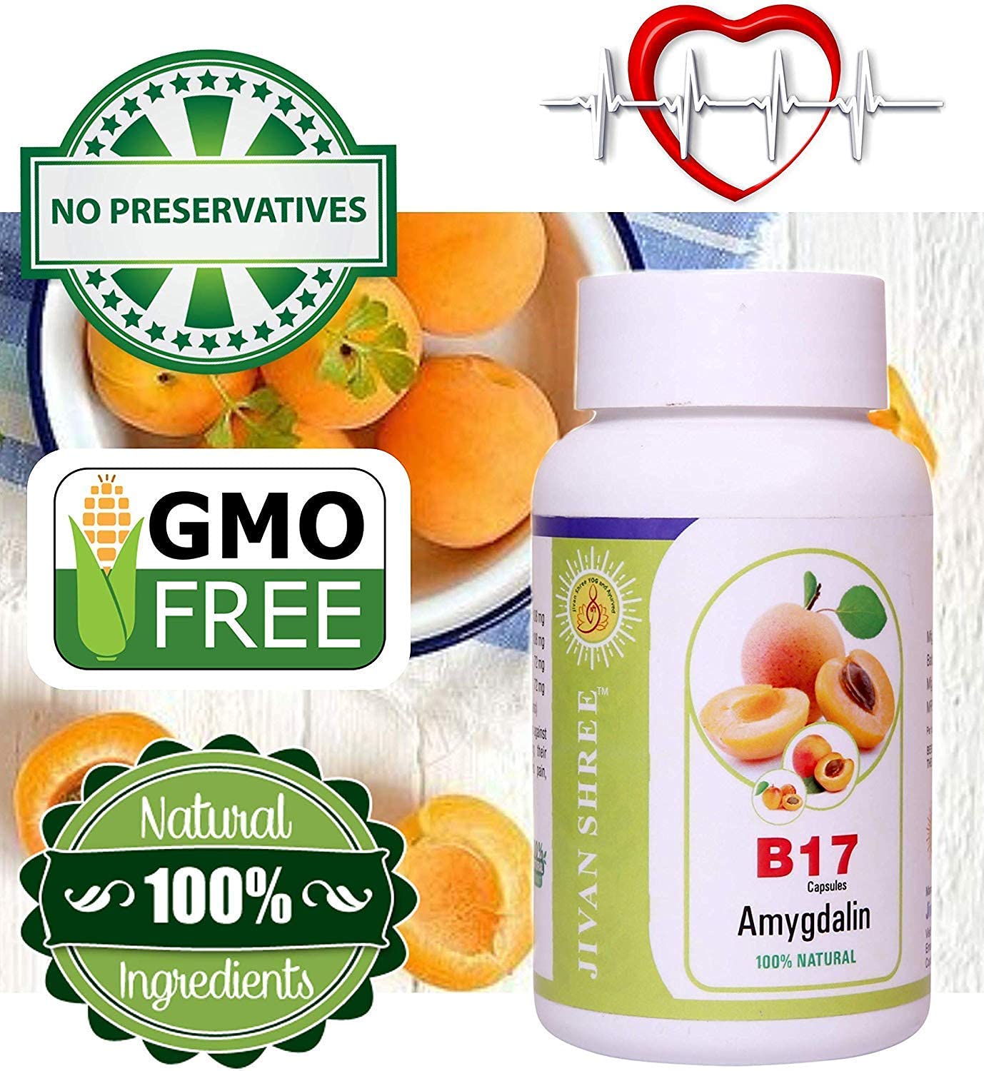 Jivan Shree Vitamin B17 500 Mg Purest Amygdalin 99.5% (Apricot Kernel) Extract 100% Organic Natural Antioxidant Immune Booster | 60 Capsules, 100gm 0.2lbs