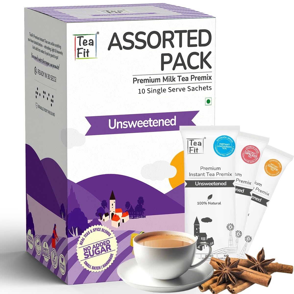 Teafit Premium Milk Tea Premix Assorted Tea - Pack Of 20 Sachets | Made With Ginger Cardamom Masala Saffron Lemongrass - Just Add Water | No Sweeteners, Gluten Free