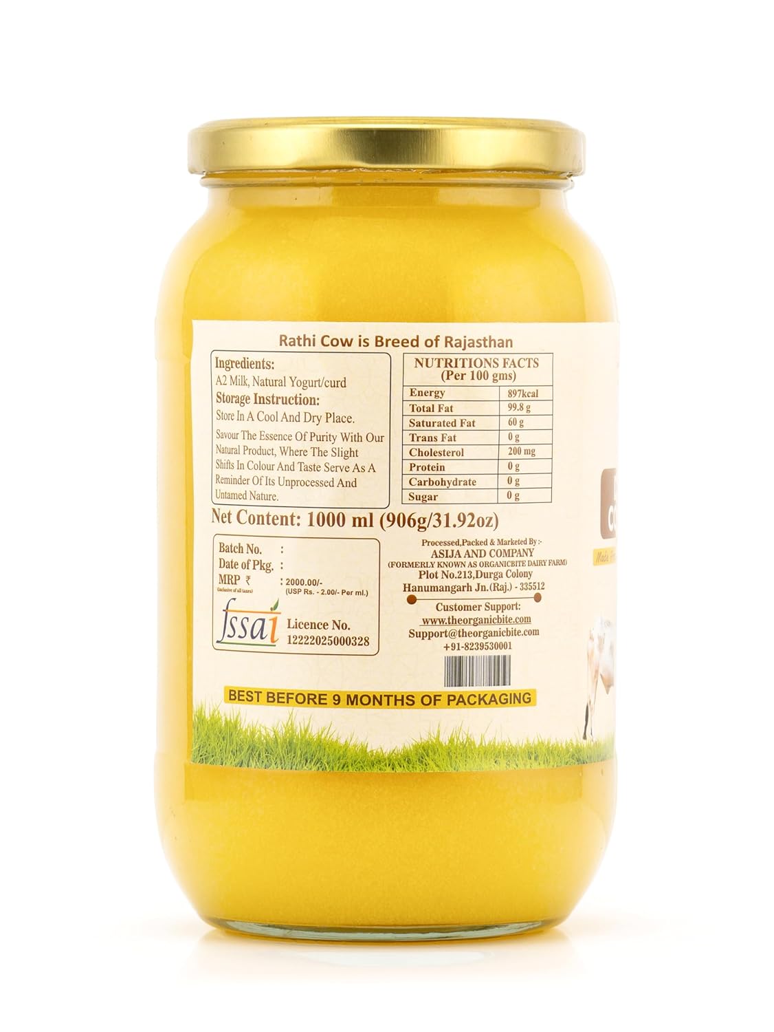Pure Premium A2 Desi Rathi Cow Ghee By Organicbite | High In Protein Fiber Healthy Desi Ghee Good For Sweets | (1 Litr) 33.8 Ounce | Jar Pack