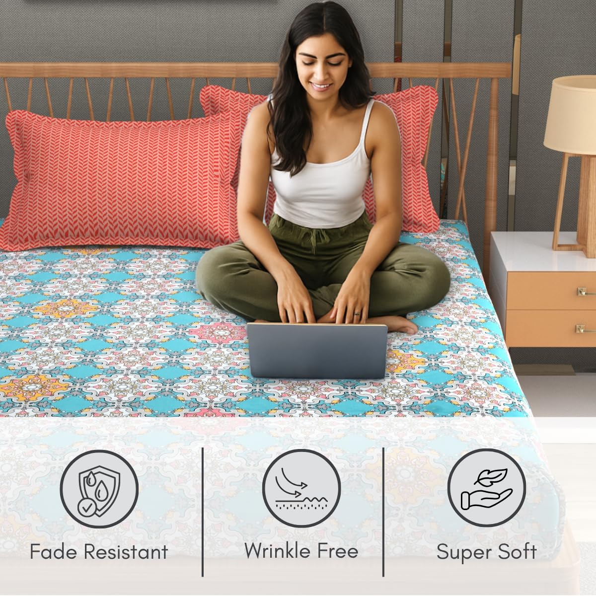 Bedsheet For Queen Size Bed With 2 Pillow Covers - 90 X 100 Inches, Sky Blue & Pink | Soft, Breathable, Wrinkle Free & Fade Resistant