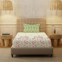 100% Cotton Bedsheet For Single Bed With 1 Pillow Cover, (Size 58 X 90 Inches) Cream & Sage Green | Soft And Comfortable For All Season | 200 Thread Count