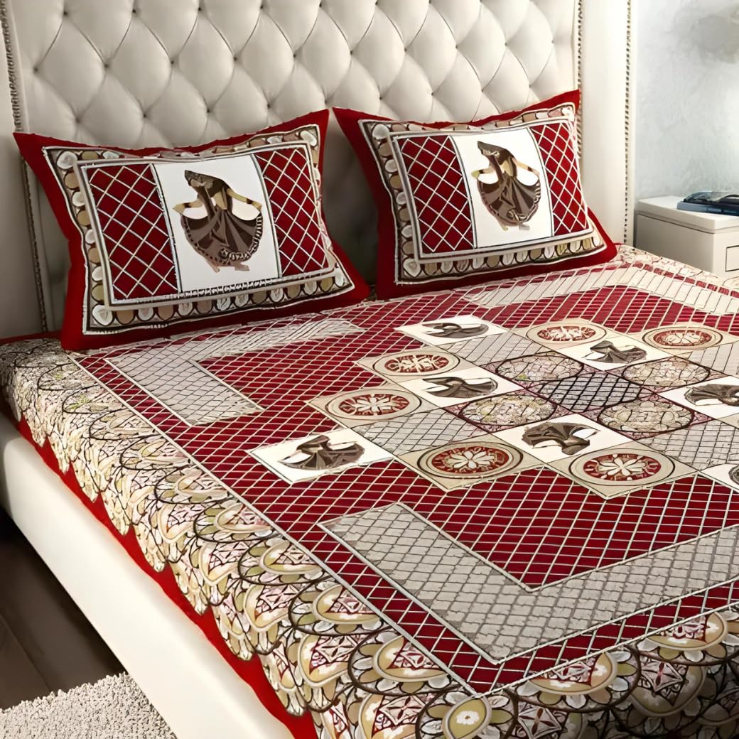 Pure Cotton Bedsheet For Double Bedsheet King Size With 2 Pillow Covers - Size 83 X 94 Inches, Maroon | 160 Thread Count Jaipur Prints Bedsheet