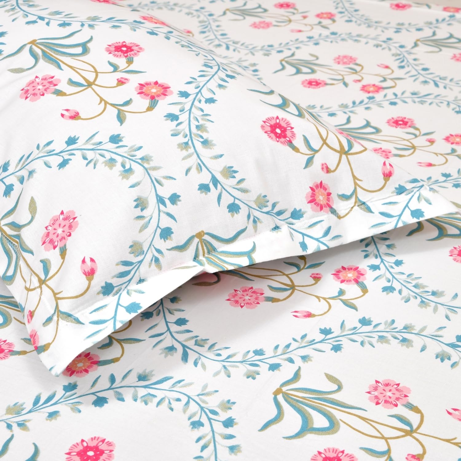 Bedsheet Double Bed For Queen Size - 100 X 90 Inches 2 Pillow Cover, Off White & Pink | Ideal For Everyday Use | Soft, Skin-Friendly & Durable Cotton Fabric