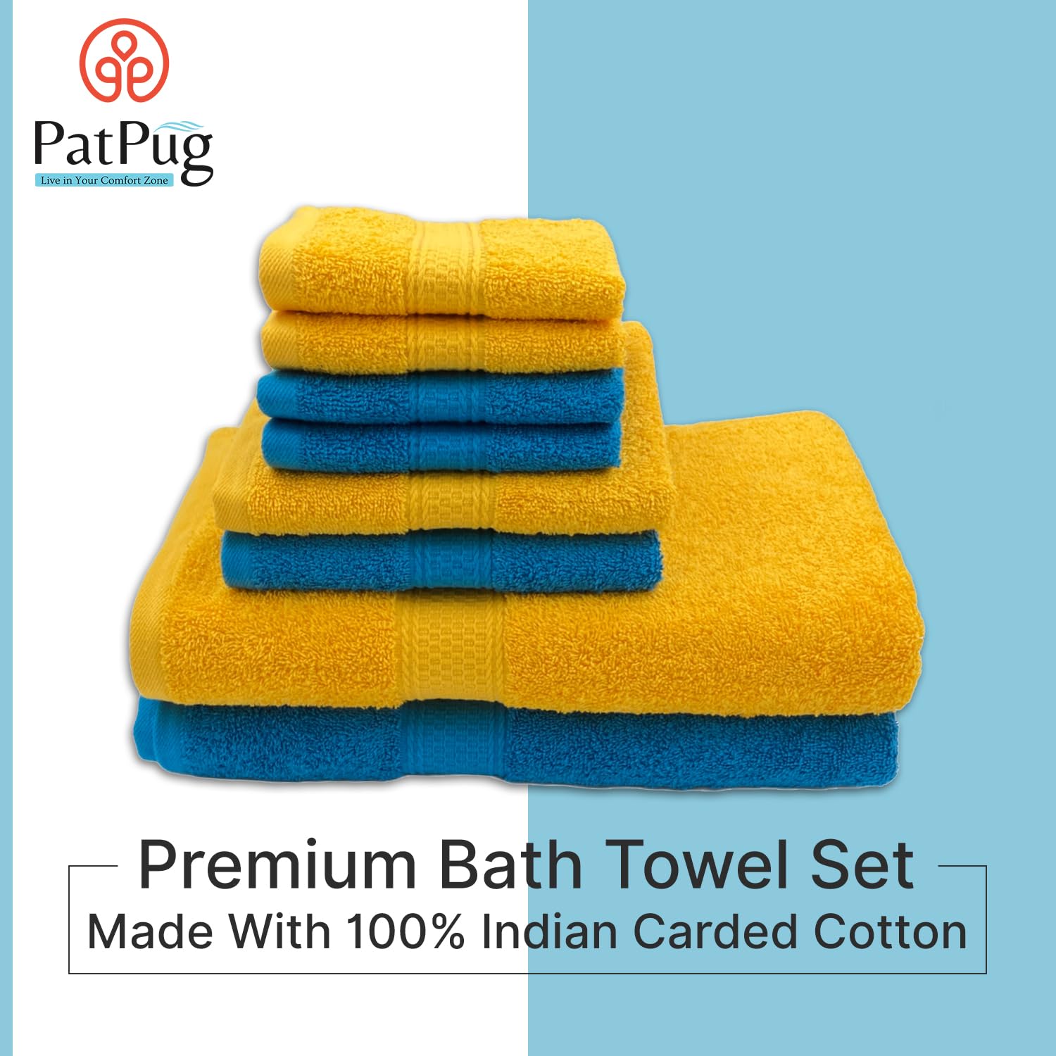 Patpug 100% Indian Cotton Plush Towel Set 2000 Gsm | Highly Absorbent, Fade Resistant, Quick Drying 2 Bath, 2 Hand & 4 Face Towel (Turqoise Blue & Sunrise Yellow) - 8 Piece