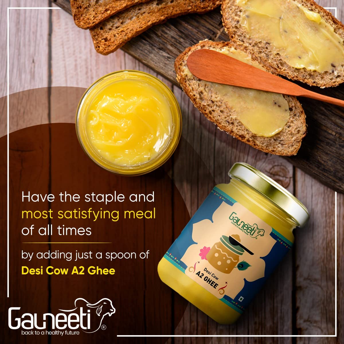 Organic Natural Desi Cow A2 Ghee By Gauneeti | Good Source Of Healthy Desi Cow Ghee Perfect For Nourishes Skin & Eyes | (500ml) 16.9 Ounce | Jar Pack