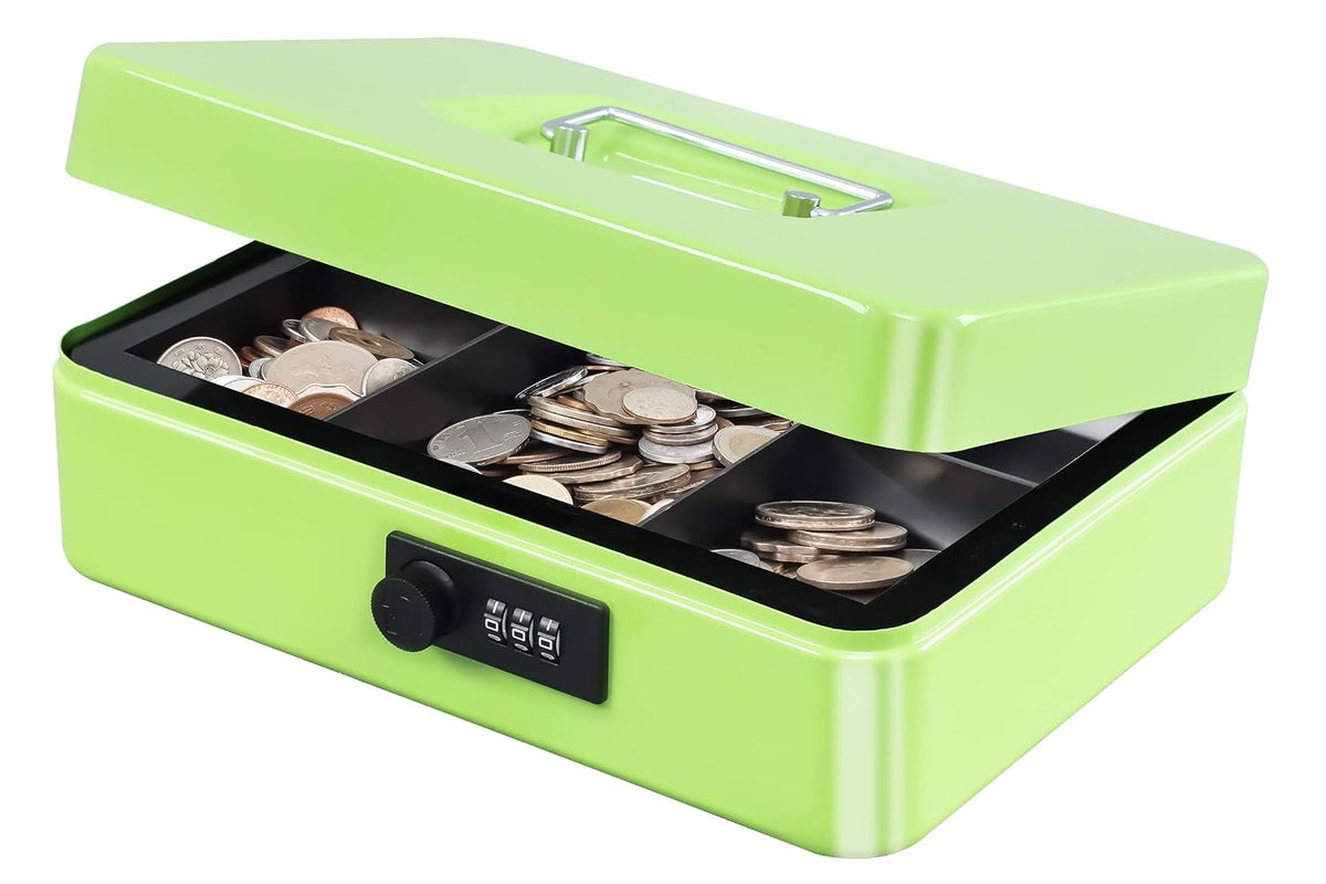 Large Cash Box With Combination Lock Safe Metal Money Box With Money Tray For Security Lock Box 9.84"X 7.87"X 3.54" Colour - Limegreen