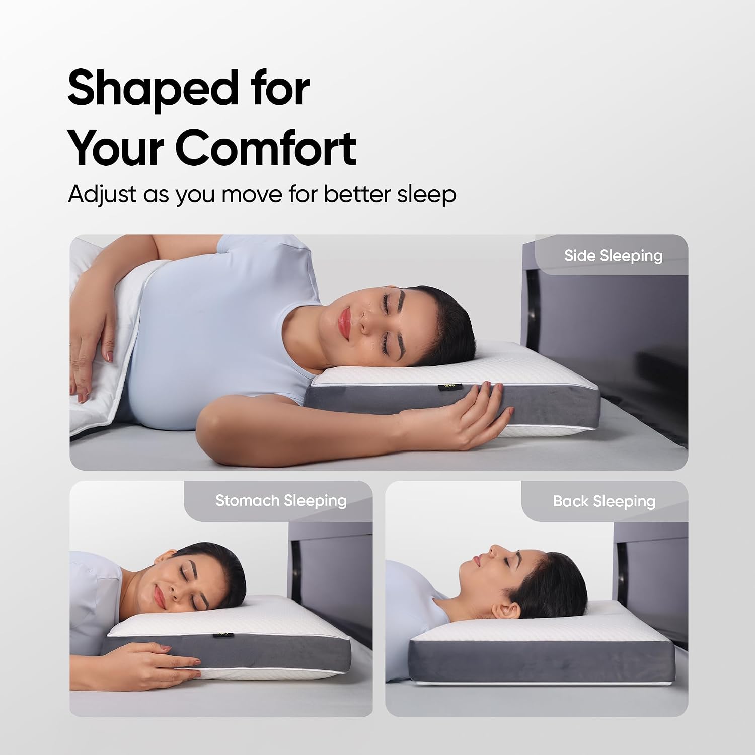 Sleep Plus Memory Foam Pillow, Ergonomic Support For Back, Side Sleepers, White | Durable, Hypoallergenic, Breathable Cool Pillow | Everyday Use & Neck, Shoulder Pain, Washable Cover Grey
