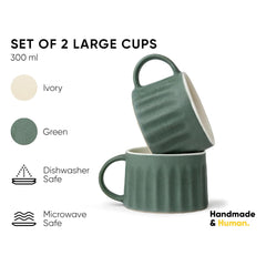 Ceramic Line Cappuccino Cup Set Of 2 - Rustic Green, 300ml Each | Coffee Cup With Matte Finish - Large Cup For Coffee - Ceramic Cup | Premium Stoneware Coffee Cup | Microwave Safe & Dishwasher Safe