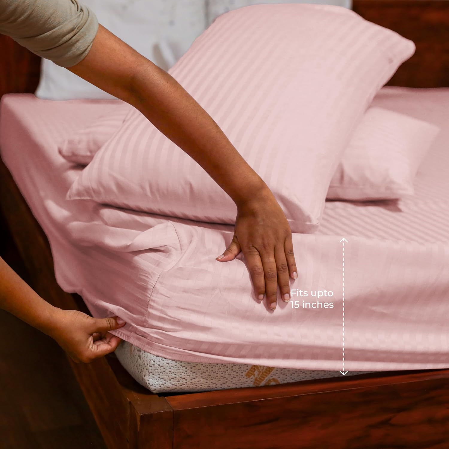 Stripe Cotton Fitted King Bedsheet With 2 Pillow Covers - 72x78 Inches, Pink | 12"Deep Pocket-1 Elastic Fitted-Sateen Weave Premium Bedding Set For Double Bed