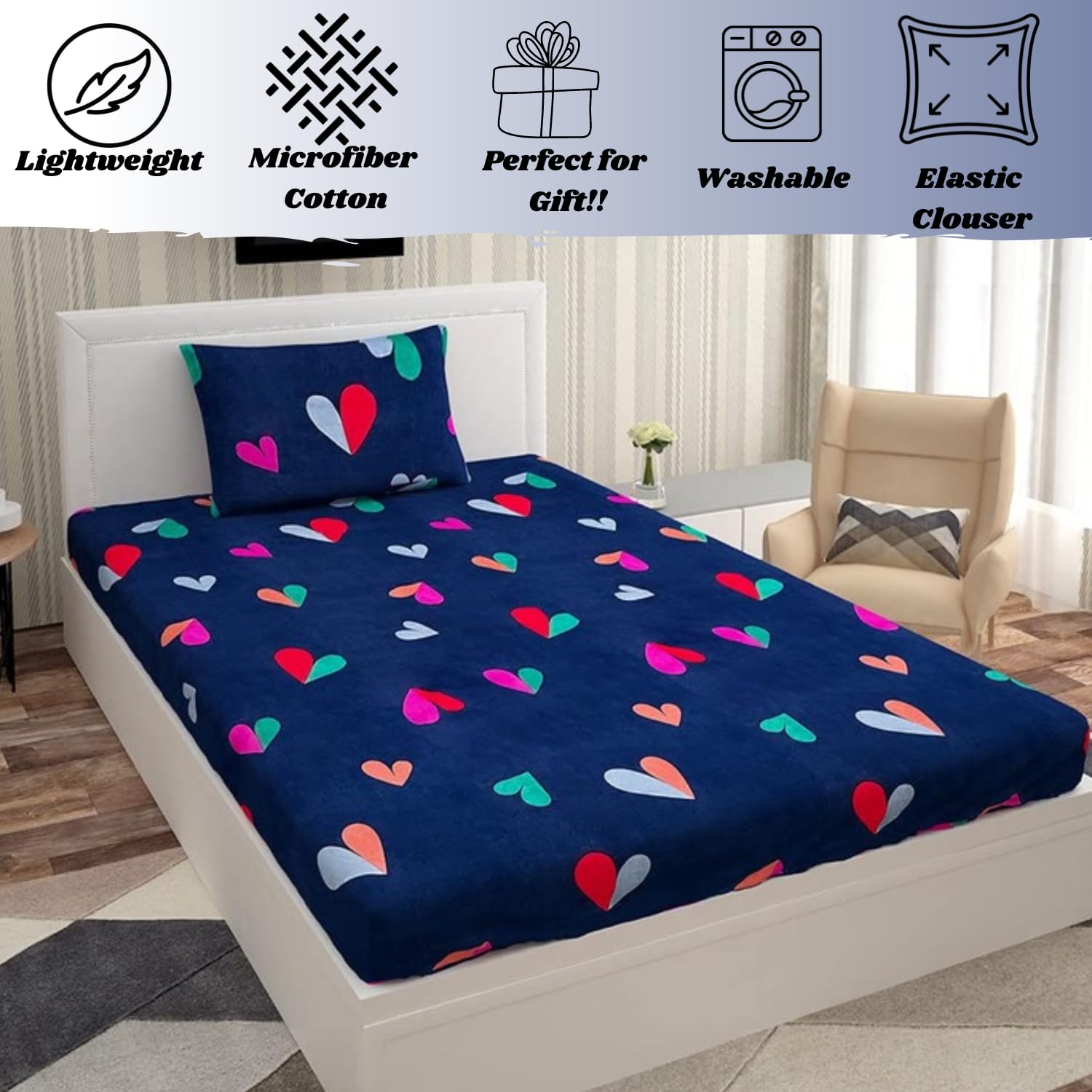 Polycotton Elastic Fitted Bedsheet For Single Bed With 1 Pillow Cover - 36 X 78 Inches, Dark Blue | Super Soft Brushed Durable Fabric