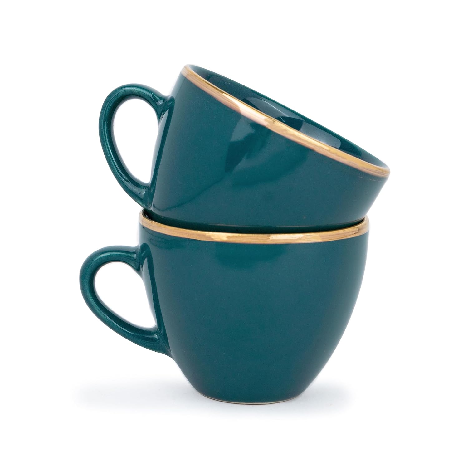 Real Gold Line Ceramic Tea Cups Set Of 6 - Teal Gold Line, 200ml Each | Tea Cup Set Of 6 - Premium Ceramic Tea Set With Glossy Finish | Ceramic Tea Cup