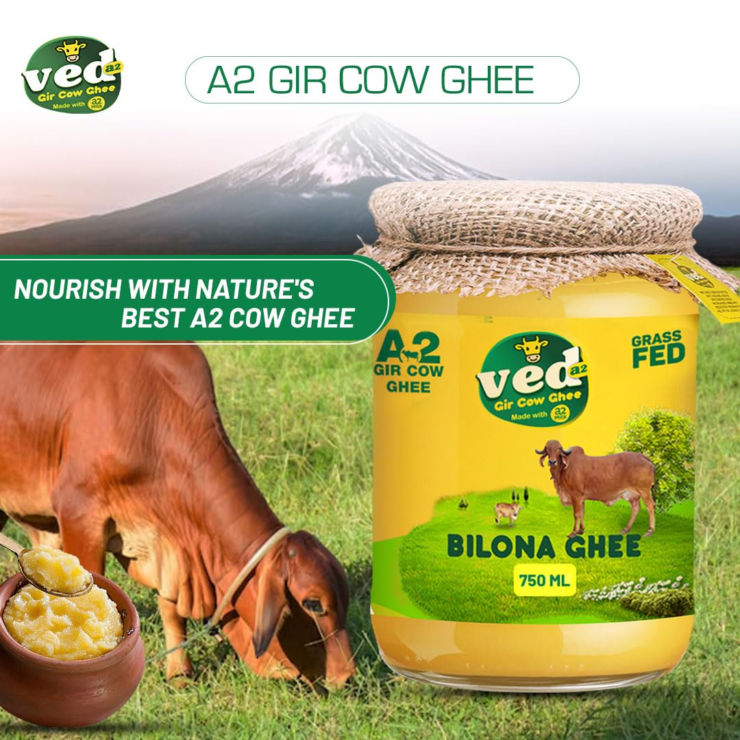 Natural A2 Gir Cow Ghee By Ved-A2 | Traditional Bilona Method Healthy Desi Ghee Good For Heart Health | (750ml) 25.3 Ounce | Jar Pack
