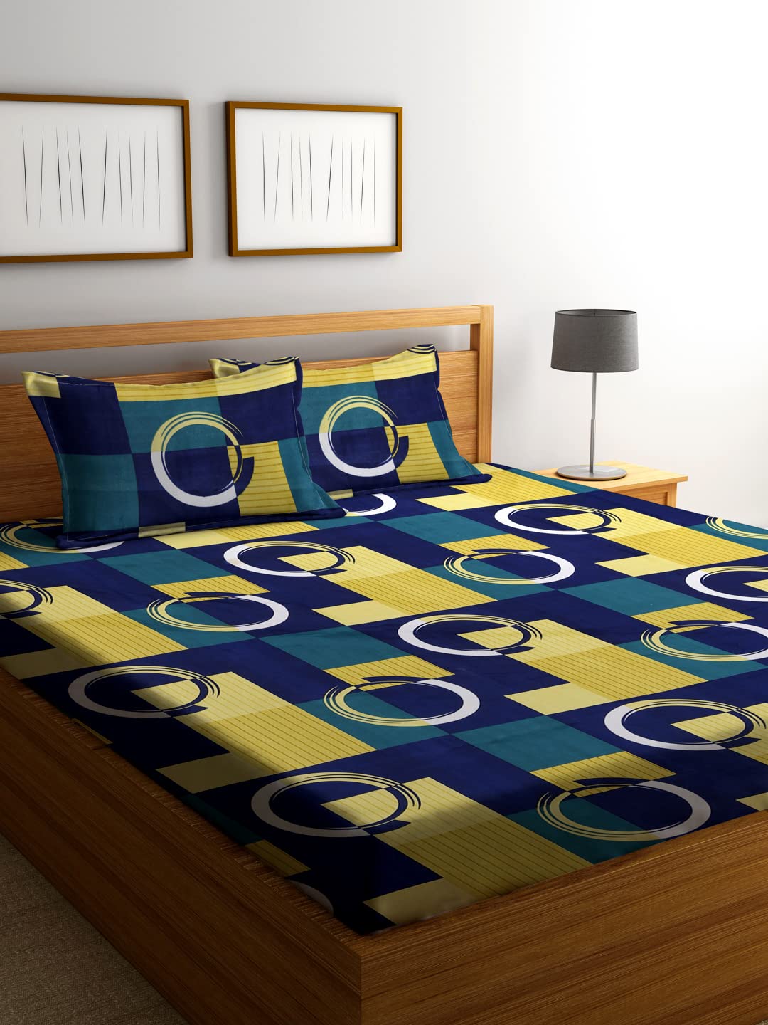 1 Double Bedsheet With 2 Pillow Covers - 85 X 86 Inches, Blue & Yellow | Long-Lasting Color Comfortable Fabric Bedsheet