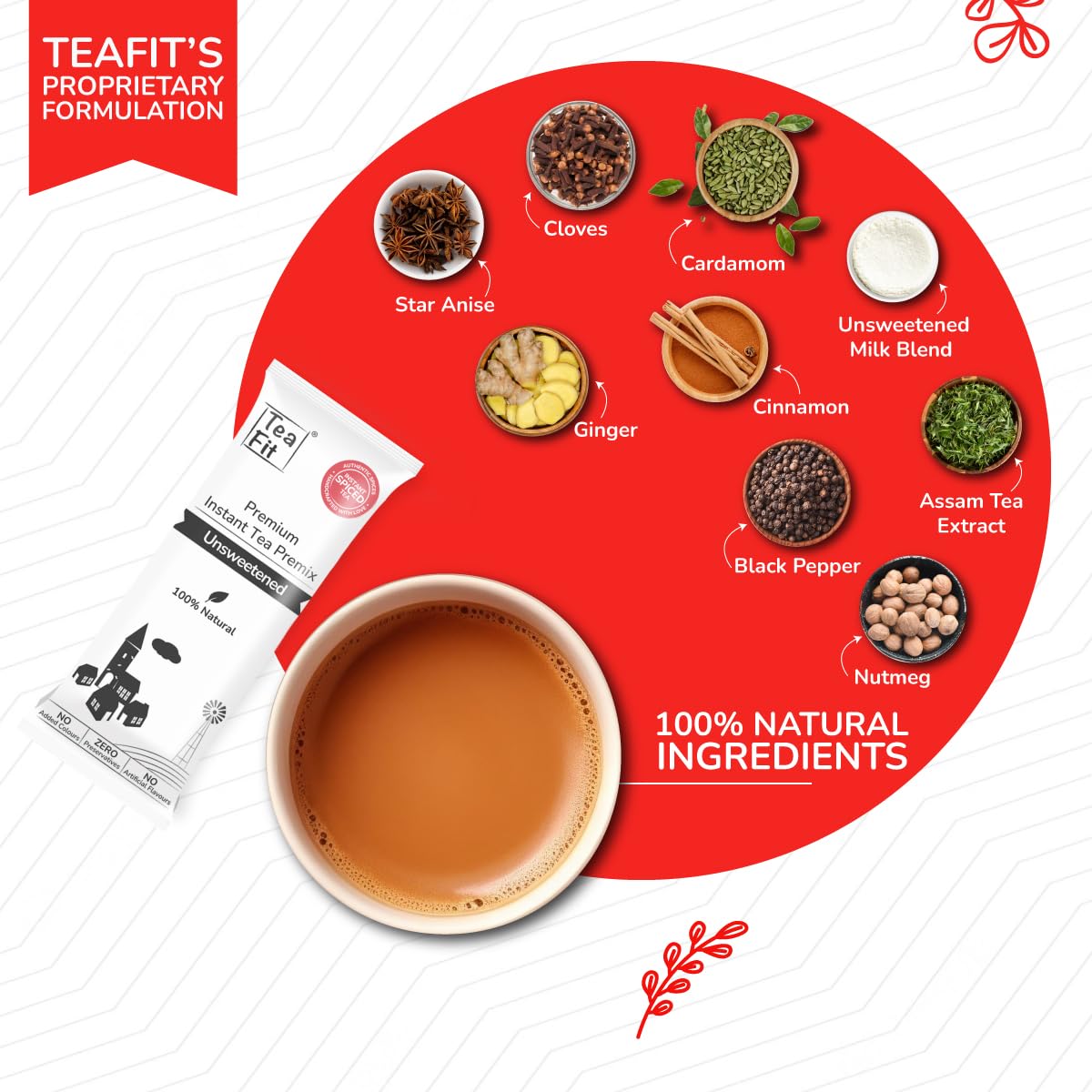 Teafit Unsweetened Instant Spiced Tea Premix - Pack Of 100 Sachets, 1.4 Kg, 49.3 Ounce | Premium Milk Tea Premix, Just Add Water - Strong Home Like Masala Chai | Medium Caffeine