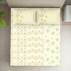 Double Bedsheet With 2 Pillow Covers (Size 88 X 100 Inch) Cream | Breathable Pure Cotton Queen Size Bedsheet | Floral Design Bedsheet