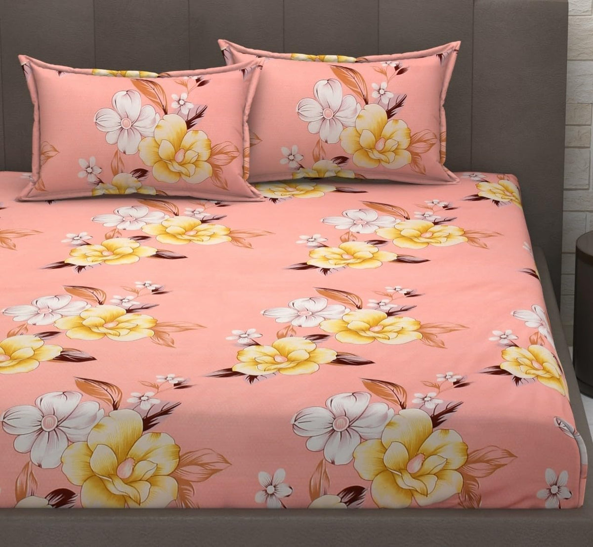 Elastic Fitted Bedsheets For King Size With 2 Pillow Covers - 72 X 78 X 10 Inches, Peach | Premium Heavy Cotton All Around Elastic Fitted | Ideal For Hotel, Home, Bedroom
