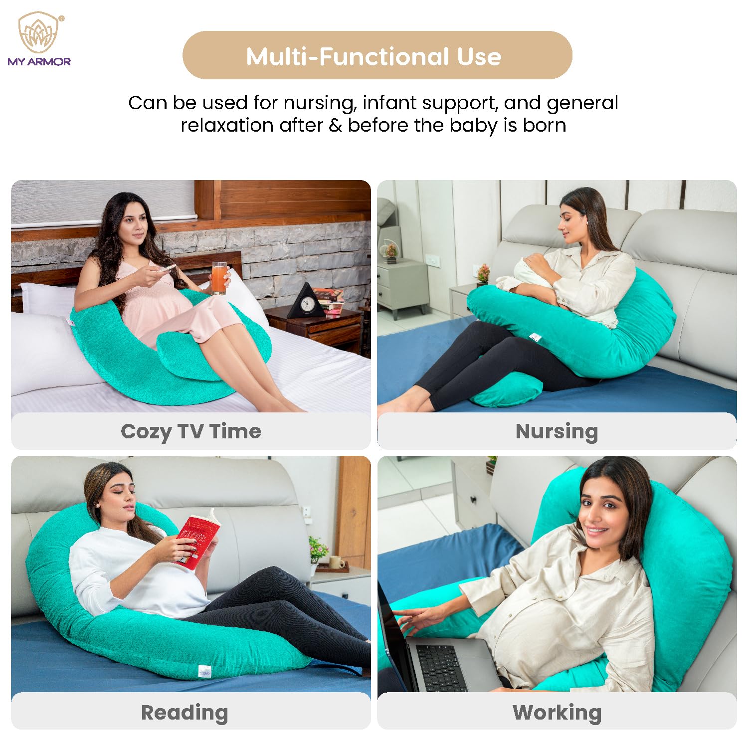 Full Body G Shape Pregnancy Pillow For Women, Maternity Pillow, Aqua Green | Pillow Gift For Pregnancy Sleeping, Premium Velvet Cover With Zip | Adjustable & Washable, Relieves Pain